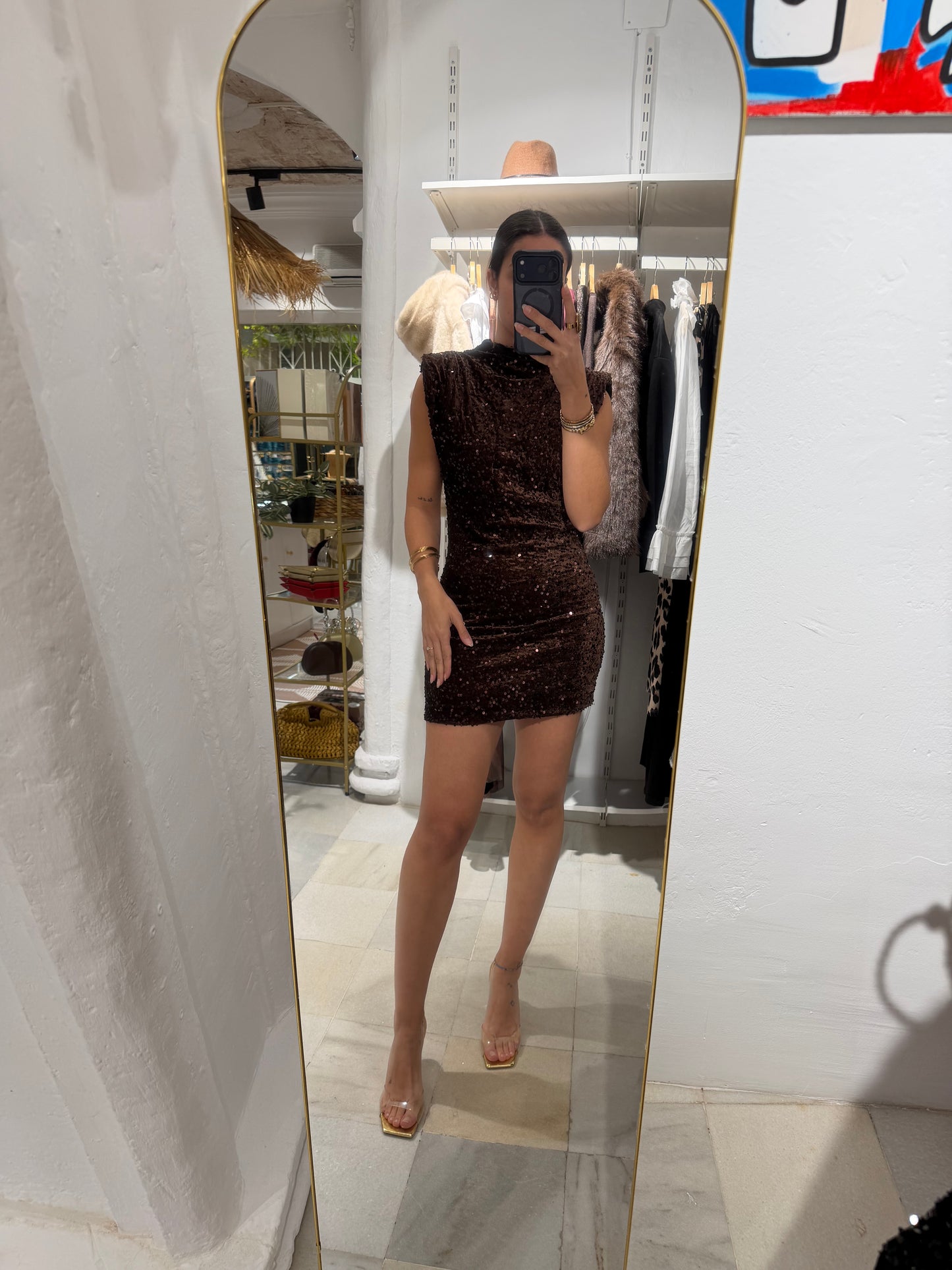 Vestido corto lentejuelas marrón - Nuh Nuh