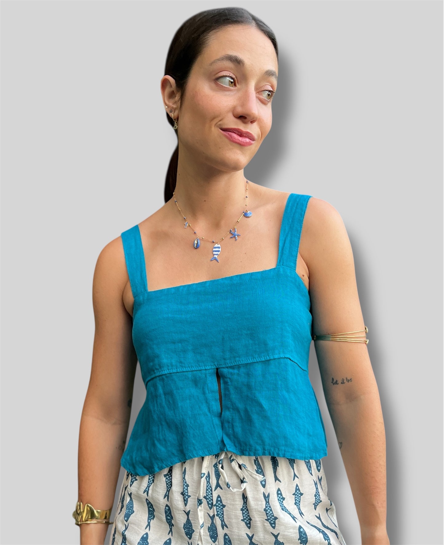 Top lino turquesa