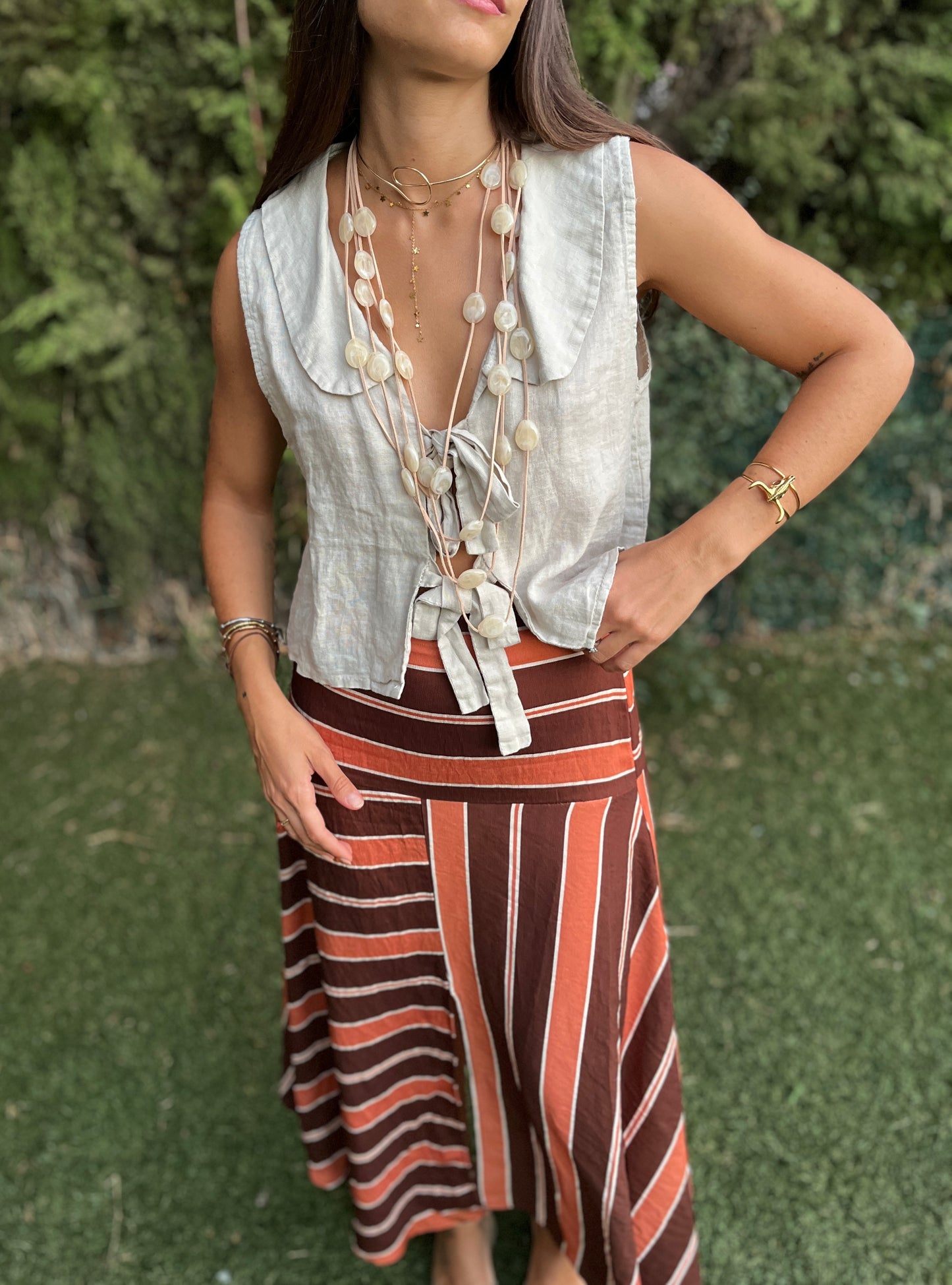 Falda midi rayas tierra